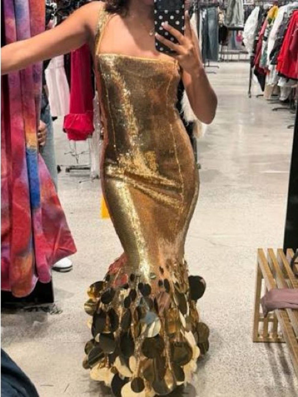 AKIRA Gold Sequin Mermaid Gown with Disc Hem